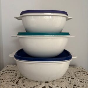 Tupperware Servalier Bowl set of 3 w/lids white butterfly blue teal purple
